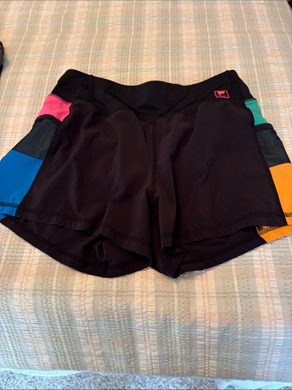 Fila Black Athletic Shorts with Pink, Blue, Teal & Orange Panels
